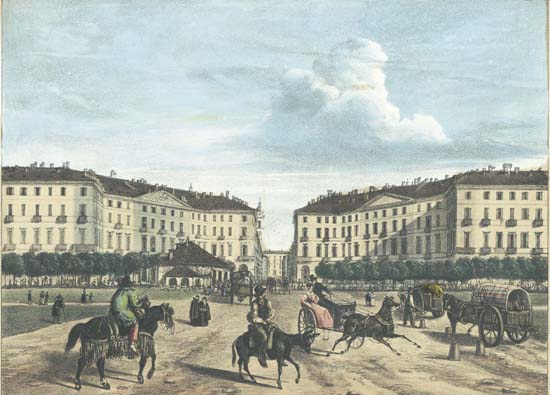 piazza Carlo Felice animata dalla presenza di cavalli