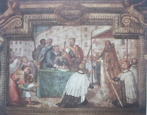 Lodovico di Romagnano mentre firma coram populo l'atto del miracolo 