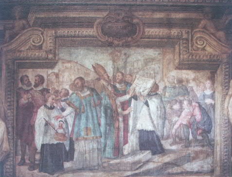 il Vescovo fonda la chiesa del Corpus Domini, presente, a sinistra, Carlo Emanuele I che assiste a latere alla festa voluta dalla Città e dalla Chiesa