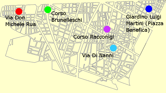 Mappa dei mercati in circoscrizione: Via Don Michele Rua, Corso Brunelleschi, Giardino Luigi Martini (Piazza Benefica), Corso Racconigi, Via Di Nanni