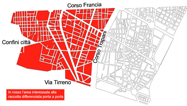 L'area interessata è compresa tra i confini della città ad Ovest, Corso Francia a Nord, Corso Trapani ad Est e Via Tirreno a Sud