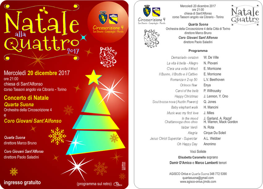 Natale alla Quattro 2017, programma di sala 20 dicembre, orchestra Quartasuona e Coro Giovani Sant'Alfonso