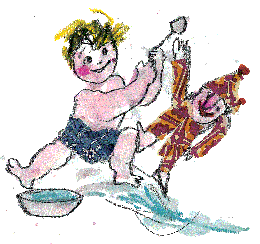 Bambino e pagliaccio disegnati da Luzzati