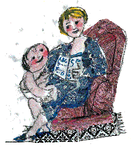 Donna sulla poltrona con bimbo in grembo disegnati da Luzzati
