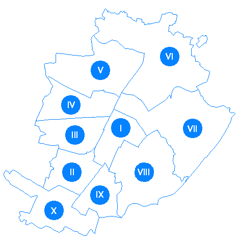 mappa di Torino raffigurante le circoscrizioni. Ogni circoscrizione  un collegamento a