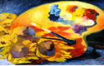 Immagine di Un’opera pittorica che raffigura una tavolozza di colori assieme ad alcuni girasoli è l’immagine scelta dalla UILDM di Bergamo per presentare il progetto “I colori delle parole”.