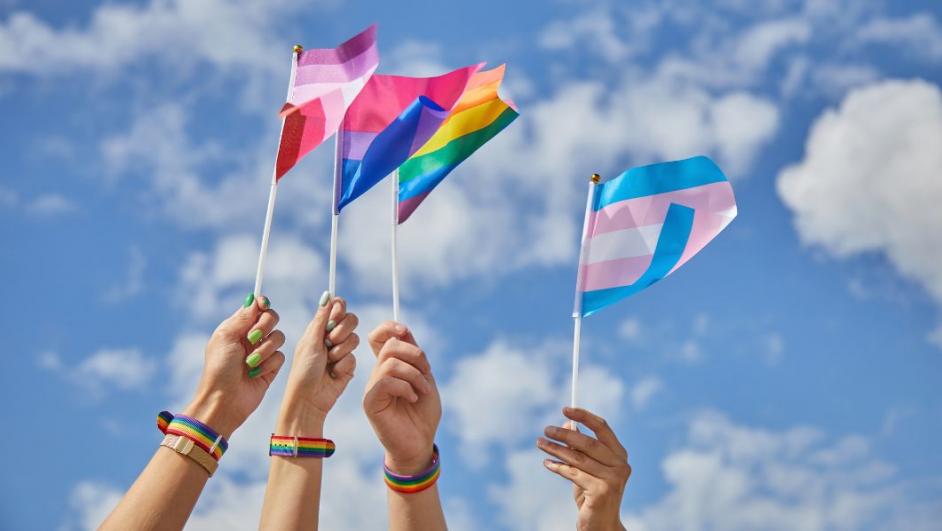 Mani in cielo che sventolano le bandiere LGBTQIA+